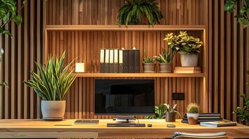 acogedor de madera puesto de trabajo con lozano verdor decoración para productivo hogar oficina ambiente foto