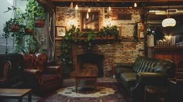 Cozy Rustic Fireplace Nook in Vintage Brick-Walled Home Interior photo