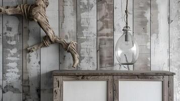 Weathered Wooden Shelves and Ambient Lighting in a Rustic Industrial Setting photo