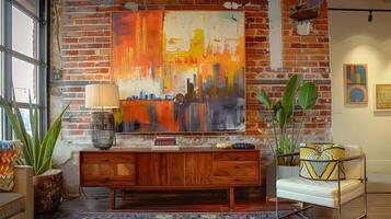 Cozy and Stylish Urban Loft Living Room with Vibrant Artwork and Rustic Wooden Furniture photo