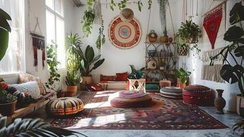 vibrante y ecléctico de inspiración boho hogar decoración para un acogedor y armonioso vivo espacio foto