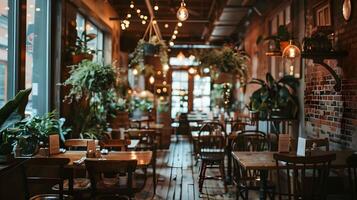 Cozy and Inviting Rustic Cafe Atmosphere with Warm Lighting and Furnishings photo