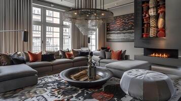 lujoso y sofisticado vivo habitación exudando elegante ambiente y comodidad foto