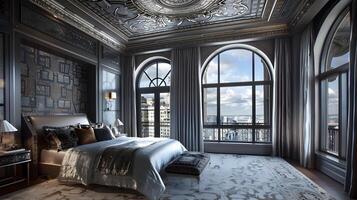 Elegant and Luxurious Bedroom with Ornate Architectural Details and Breathtaking City View photo