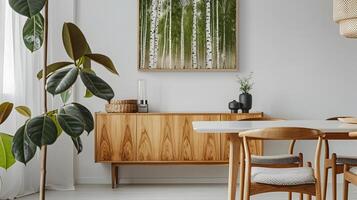 Cozy and Inviting Scandinavian-Style Dining Room with Wooden Furniture and Lush Greenery photo