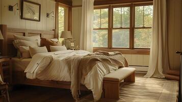 Cozy Rustic Bedroom Retreat Overlooking Serene Autumnal Landscape photo