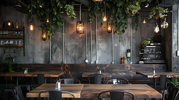 Cozy Rustic Dining Atmosphere with Lush Hanging Greenery and Vintage Industrial Lighting photo