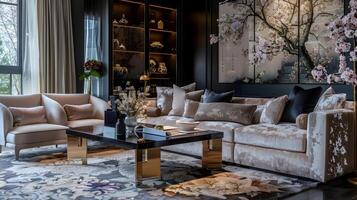 lujoso y armonioso contemporáneo vivo habitación personificando sofisticado elegancia y comodidad foto