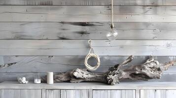 Rustic Driftwood Decor with Hanging Light Bulb Casting Alluring Shadows photo