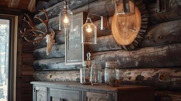Cozy Rustic Cabin Decor with Vintage Lighting and Taxidermy Accents photo
