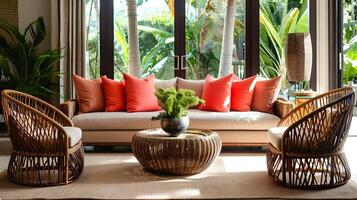 Cozy Tropical Living Room Oasis with Lush Palms and Inviting Wicker Furniture Offers a Serene Haven for Relaxation and Leisure photo