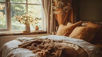 Cozy Autumn-Inspired Bedroom Showcasing Textured Knits and Soothing Natural Elements photo