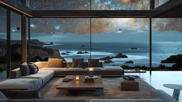 Luxurious Coastal Living with Breathtaking Nighttime Panoramic View photo