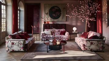 Elegant and Inviting Floral-Adorned Living Room Exuding Timeless Sophistication and Charm photo