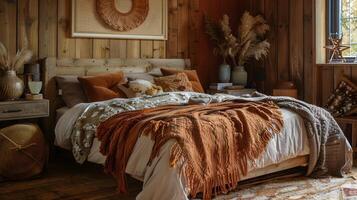 Cozy Rustic Farmhouse Bedroom with Warm Autumn Accents and Inviting Atmosphere photo