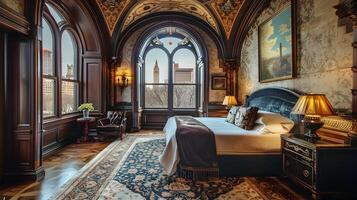 Elegant and Opulent Antique Bedroom in a Historic Castle-like Mansion photo