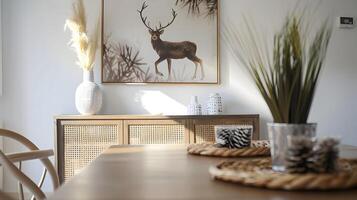 Cozy Rustic Dining Room Arrangement with Framed Deer Artwork and Natural Decor Elements photo