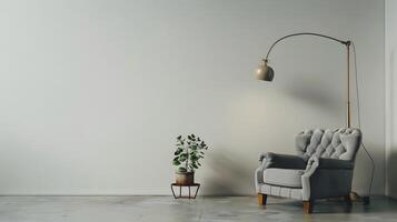 Cozy and Minimal Living Room with Warm Lighting and Potted Plant Accent photo