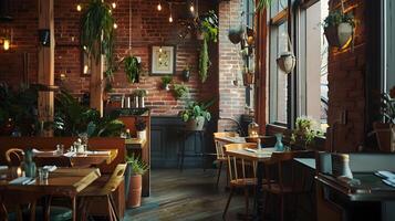 Cozy and Inviting Rustic-Chic Cafe Interior with Brick Walls and Warm Lighting photo