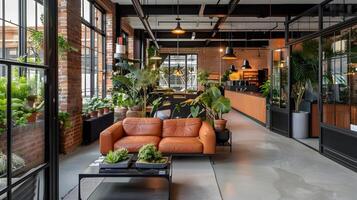 Cozy and Inviting Industrial-Style Loft Interior with Lush Greenery and Comfortable Furniture photo