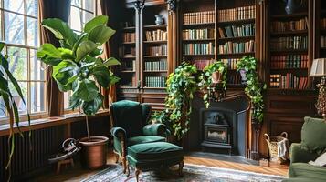acogedor y atractivo biblioteca rincón con lozano follaje y antiguo mobiliario ofrecimiento un pacífico erudito retirada foto