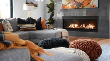 Cozy and Inviting Modern Living Room with Fireplace and Autumn-Inspired Decor photo