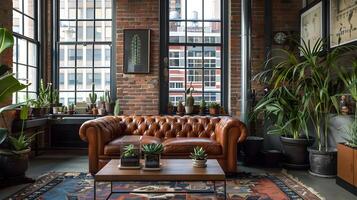 Cozy and Inviting Loft Apartment with Chesterfield Sofa and Lush Indoor Plants Overlooking City Skyline photo