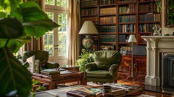 Cozy Library Nook with Antique Furnishings and Lush Greenery Offers a Tranquil Refuge for Avid Readers photo