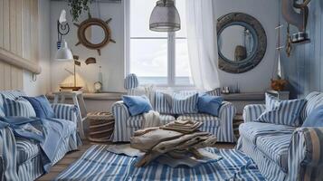 Charming Coastal-Inspired Living Room with Rustic Nautical Decor and Inviting Ambiance photo