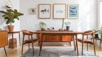 Cozy and Serene Scandinavian-Inspired Dining Area with Wooden Accents and Nature-Themed Wall Artwork photo