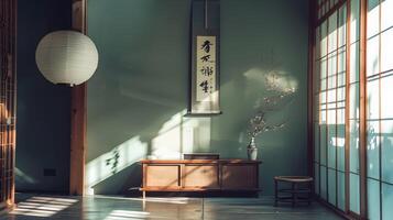 sereno japonés habitación con tatami esteras y caligráfico decoración exudando tranquilo ambiente foto