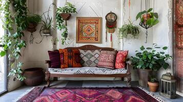 de inspiración boho acogedor vivo espacio con ecléctico decoración y global acentos foto