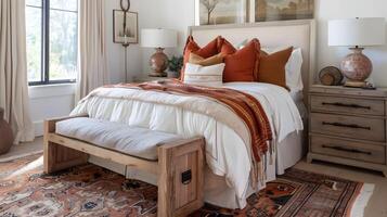 Cozy and Inviting Rustic Bedroom Retreat with Natural Lighting and Textured Accents photo