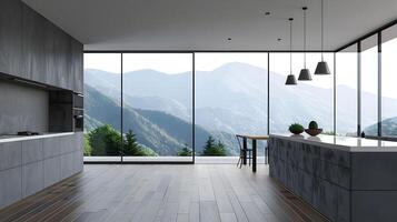 Captivating Mountain Retreat with Panoramic Vistas and Minimalist Interior Design photo