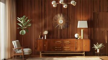 sofisticado medio siglo inspirado vivo habitación con calentar de madera acentos y refinado decoración foto