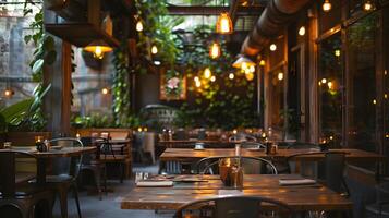 Cozy Outdoor Terrace Cafe with Twinkling Lights and Lush Greenery photo