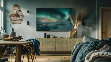 Serene Scandinavian Living Room with Breathtaking Aurora Borealis Landscape Art photo