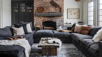 Cozy and Rustic Living Room with Brick Fireplace and Inviting Decor photo