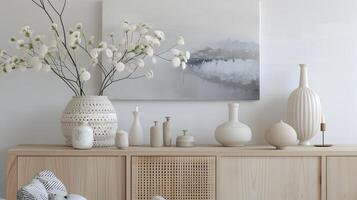 Serene natural display of ceramic vases and floral branches on a wooden shelf photo