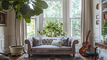 Bright and Airy Living Room with Cozy Furnishings and Natural Accents Providing a Serene and Relaxing Atmosphere photo