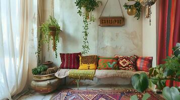 Cozy Bohemian-Inspired Living Room with Vibrant Textiles and Lush Greenery photo