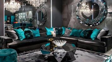 Captivating Luxurious Mirrored Teal Velvet Sofa Set in Ornate Opulent Living Room with Sparkling Crystal Chandelier photo