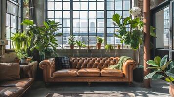 Cozy and Charming Loft-Style Living Room with Verdant Accents Exuding a Tranquil Atmosphere photo