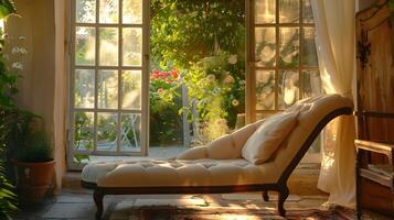 Cozy Daybed Oasis Amidst Verdant Garden Vistas photo