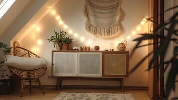 Cozy and Inviting Bohemian-Inspired Home Decor Vignette with Natural Accents and Warm Lighting photo