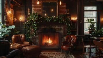 Cozy and Inviting Brick Fireplace Nook in a Rustic-Inspired Interior photo