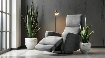 acogedor moderno vivo habitación con felpa Sillón y lozano en conserva plantas foto