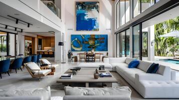 Tranquil Miami Coastal Style Living Room with Blue Accents and Indoor Pool photo