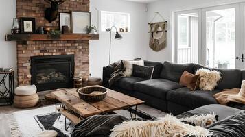 Inviting Rustic Living Room with Cozy Fireplace and Plush Furnishings photo