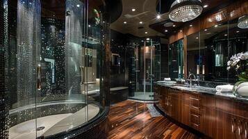 exclusivo baño oasis lujoso ébano madera y con incrustaciones de cristal espumoso luces foto